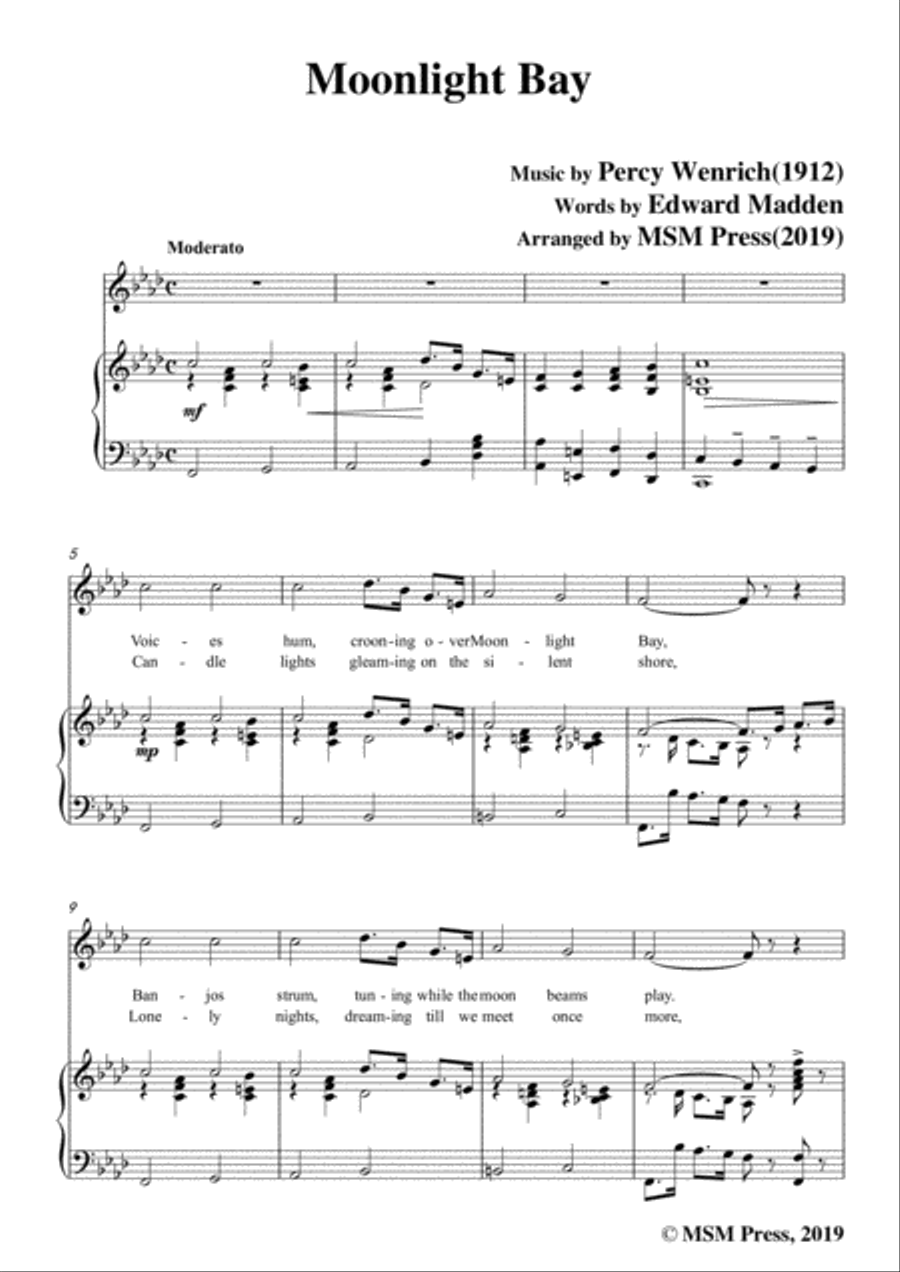 Percy Wenrich-Moonlight Bay,in A flat Major,for Voice and Piano Voice Solo scores gallery preview page 3