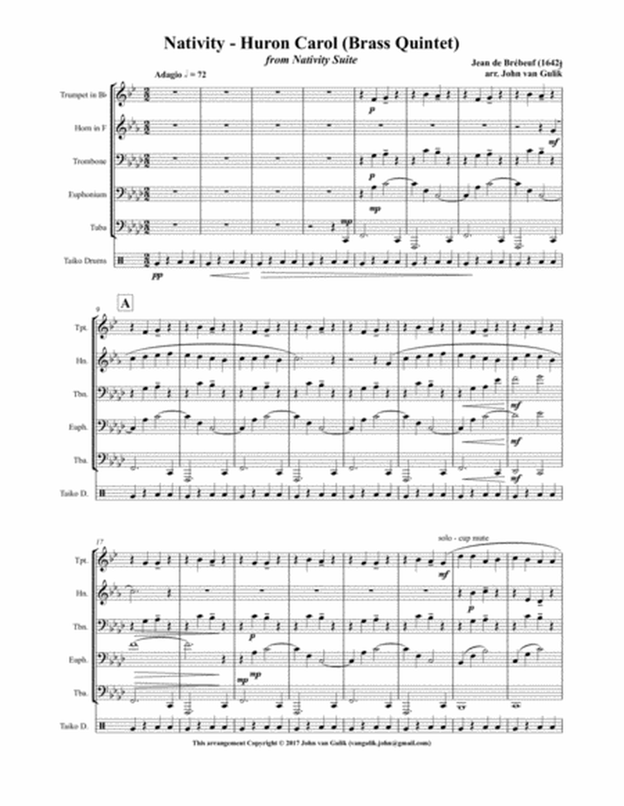 Nativity - Huron Carol - Brass Quintet - Score and all parts image number null