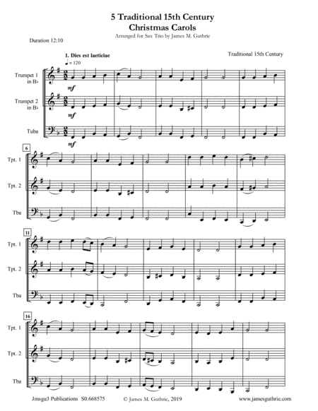 5 Traditional 15th Century Christmas Carols for Trumpet Duo & Tuba image number null