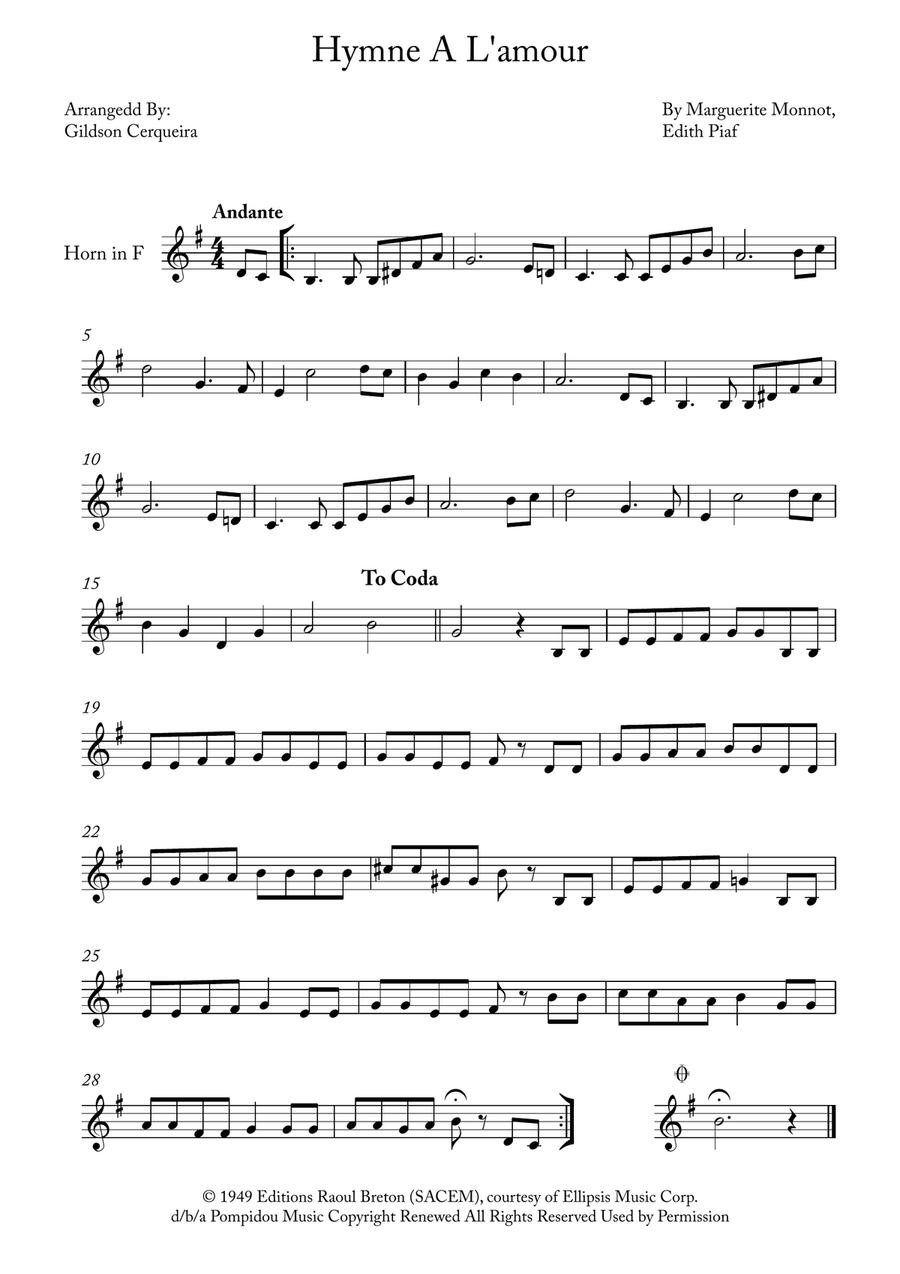 Hymne A L'amour Horn Solo scores gallery preview page 1