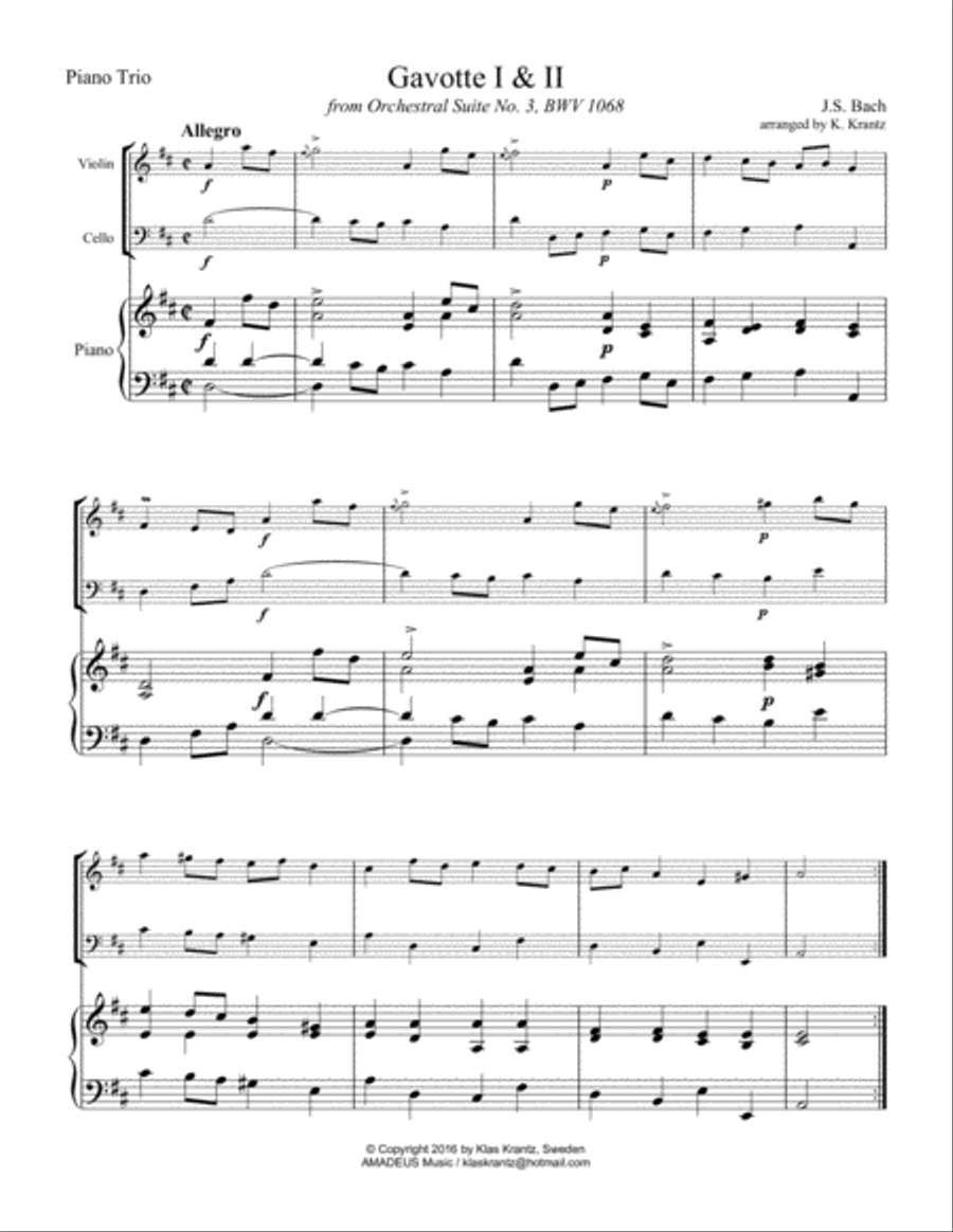 Gavotte 1 & 2 BWV 1068 for piano trio Piano Trio scores gallery preview page 2