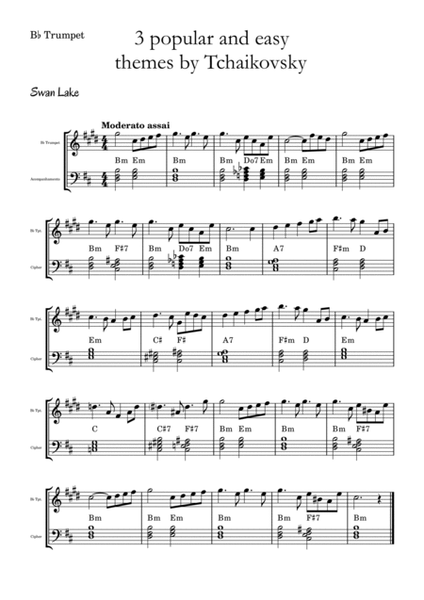 3 popular and easy themes by Tchaikovsky with accompaniment and chord symbols for B♭ Trumpet image number null