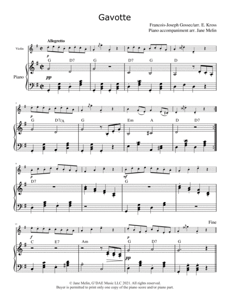 Gossec - Gavotte for Violin and Piano - Simplified Piano Accompaniment