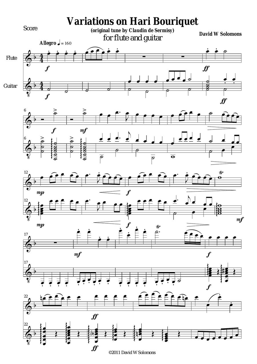 Variations on Hari Bouriquet for flute and guitar Flute scores gallery preview page 1