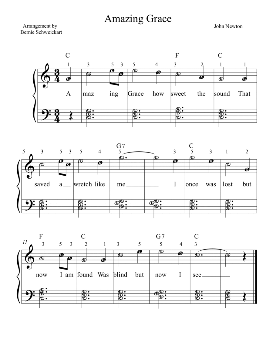 Amazing Grace VERY EASY-BIG NOTE VERSION WITH FINGERING Piano, Vocal, Guitar scores gallery preview page 1