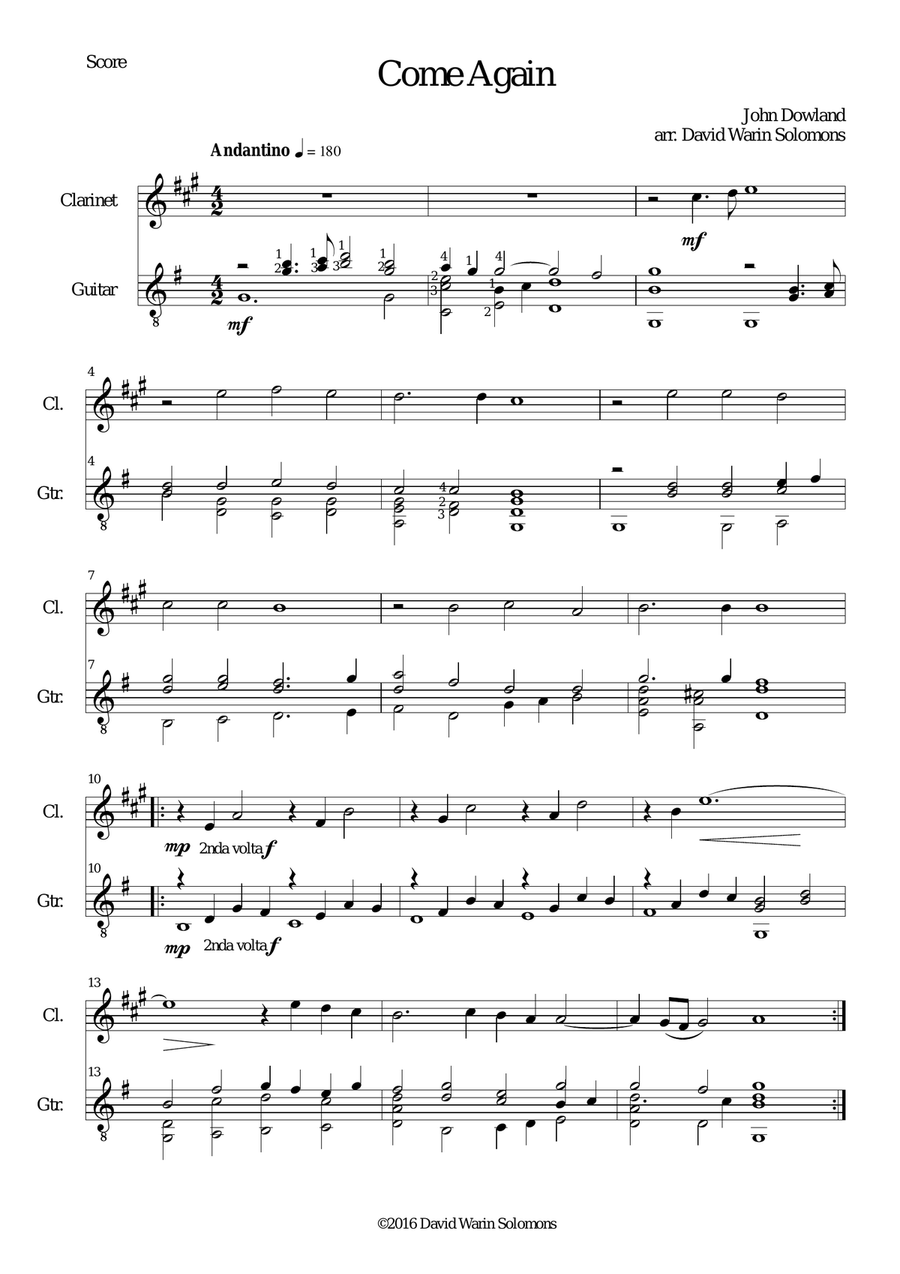 Come again for clarinet and guitar Clarinet scores gallery preview page 1