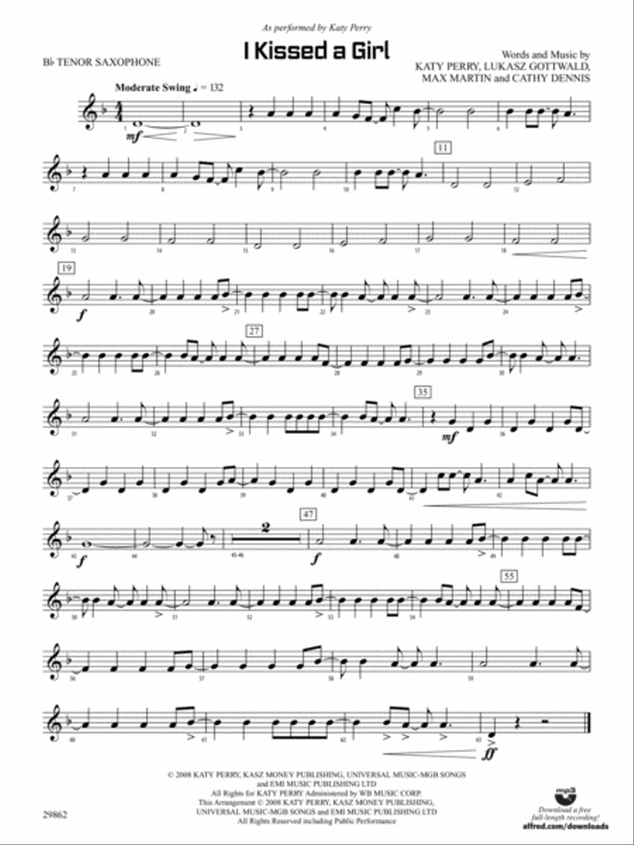 I Kissed a Girl: B-flat Tenor Saxophone Concert Band scores gallery preview page 1