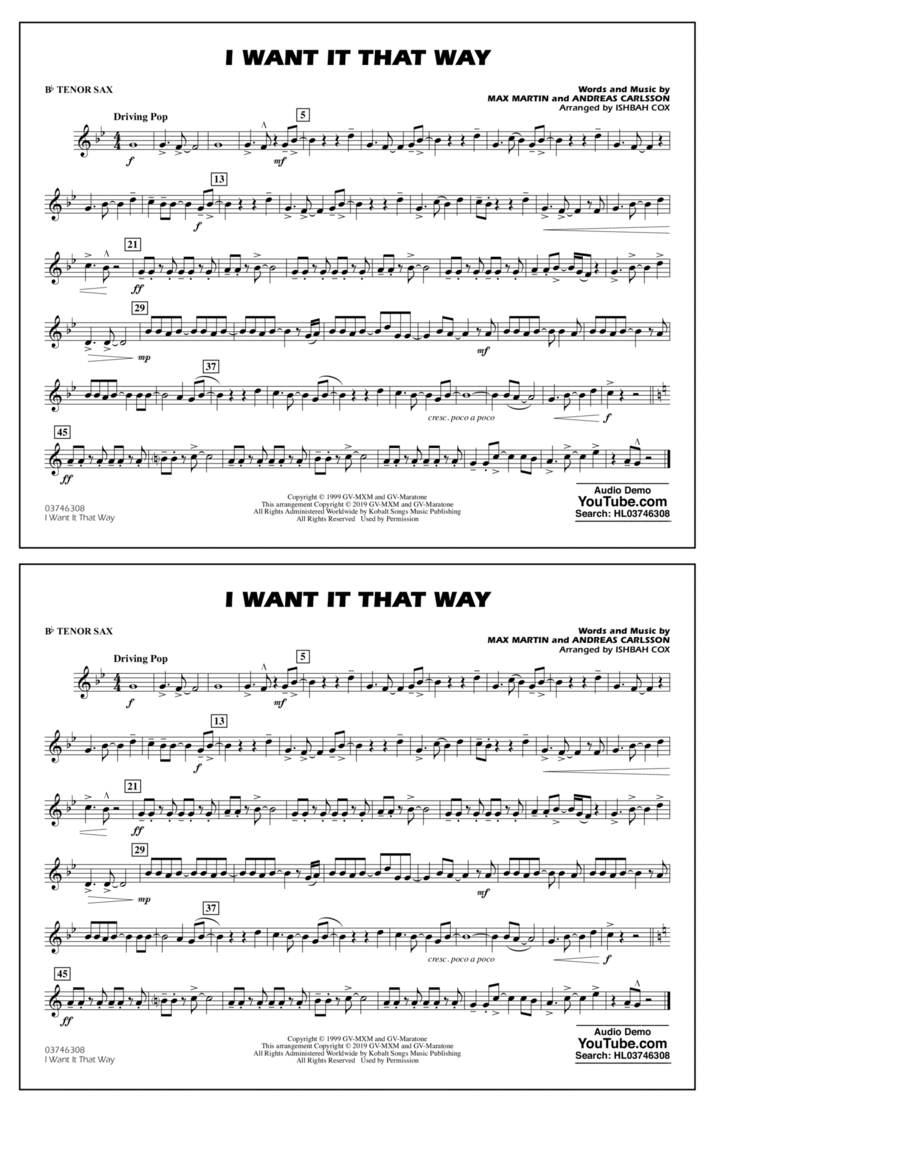 I Want It That Way (arr. Ishbah Cox) - Bb Tenor Sax Tenor Saxophone scores gallery preview page 1