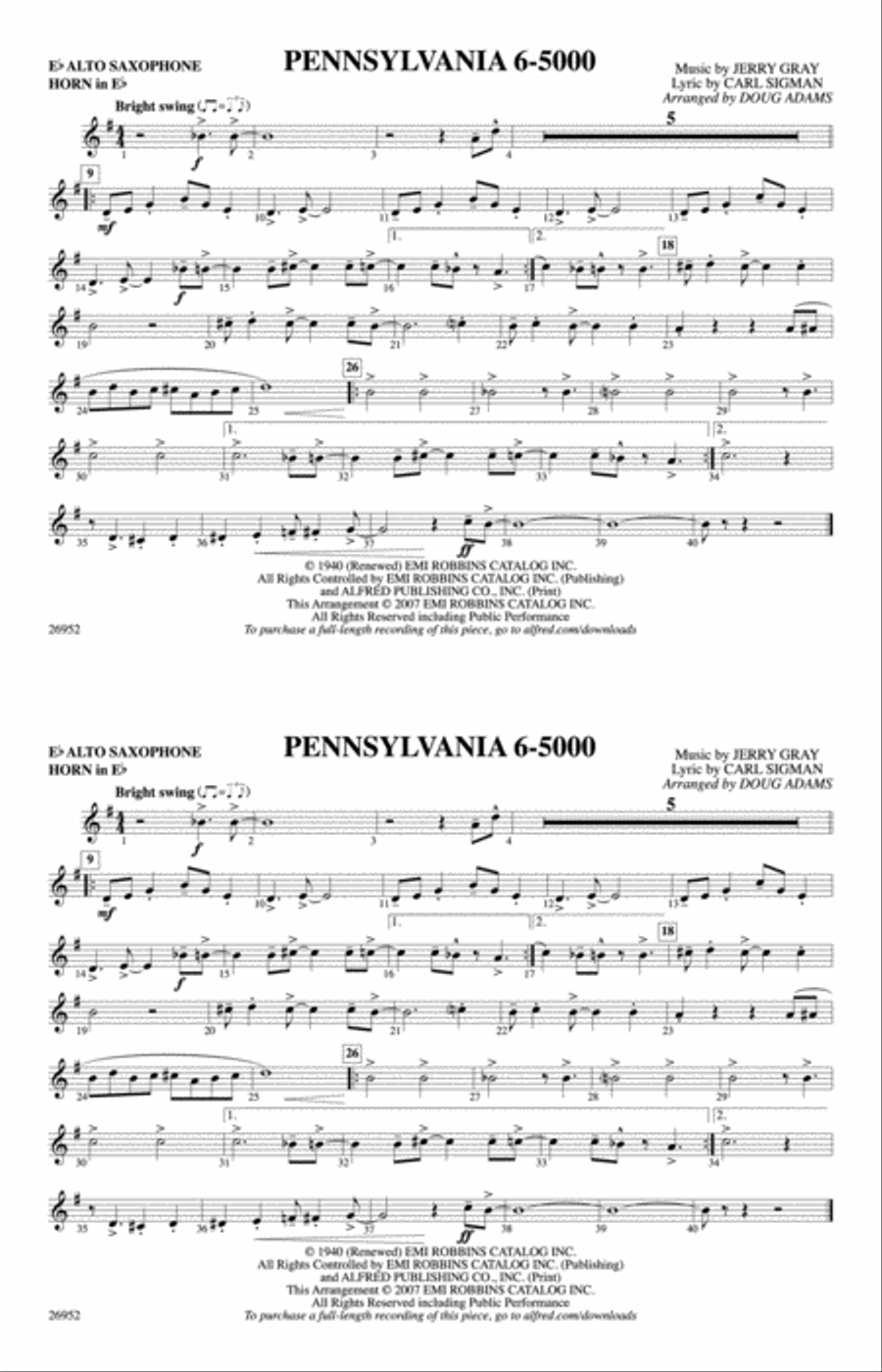 Pennsylvania 6-5000: E-flat Alto Saxophone Marching Band scores gallery preview page 1
