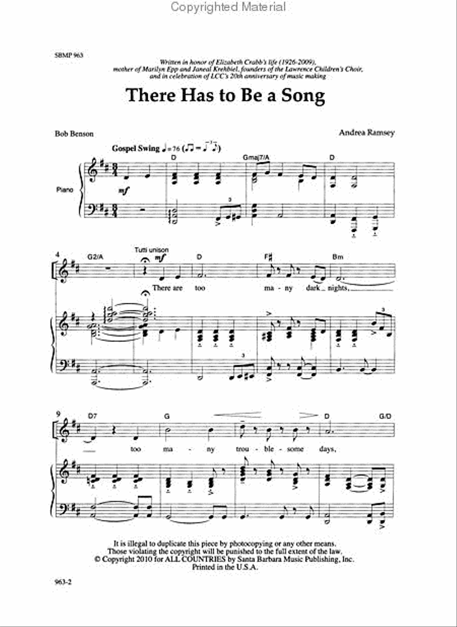There Has to Be a Song - SA Octavo TB scores gallery preview page 2