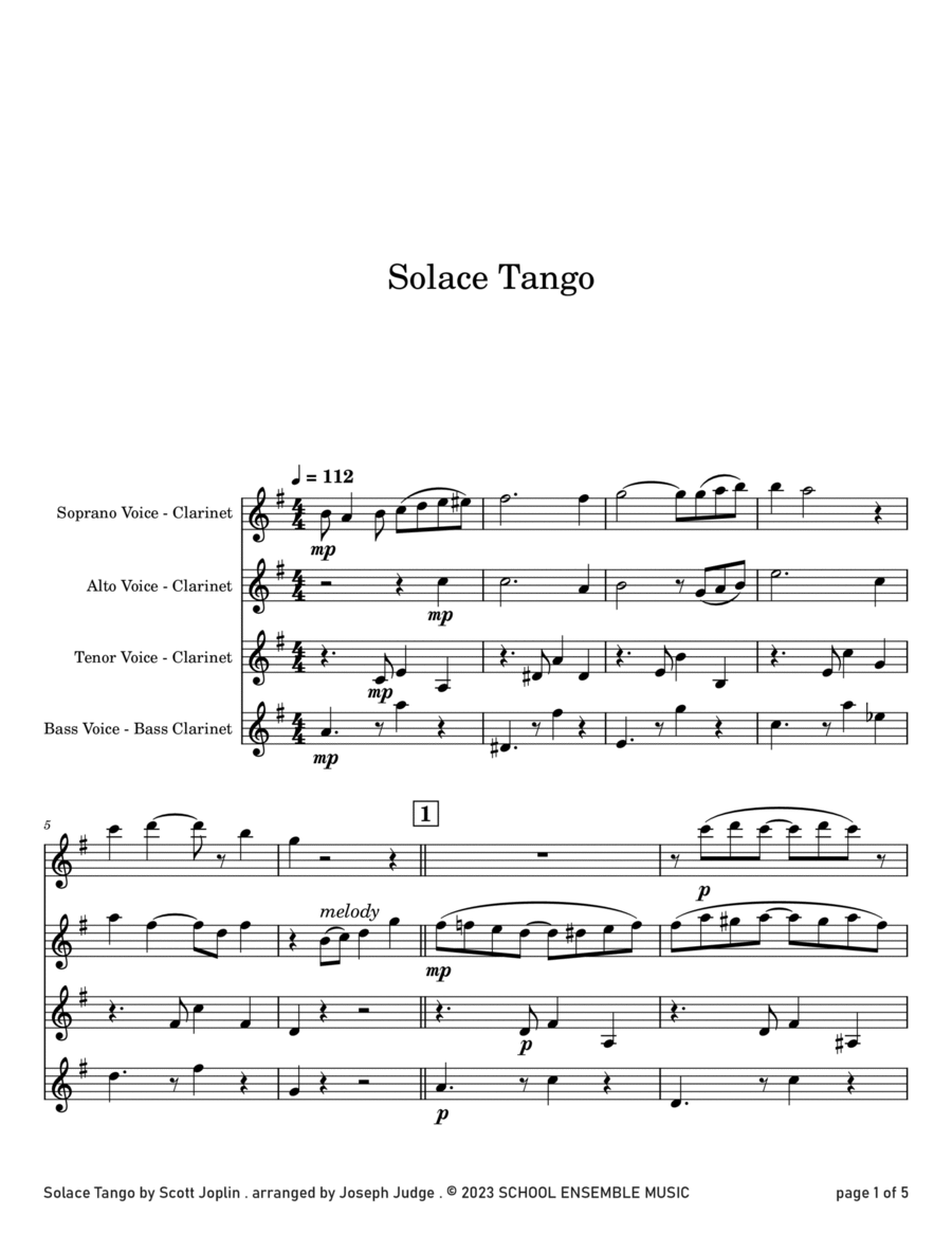 Solace Tango by Scott Joplin for Clarinet Quartet in Schools Clarinet Quartet scores gallery preview page 1