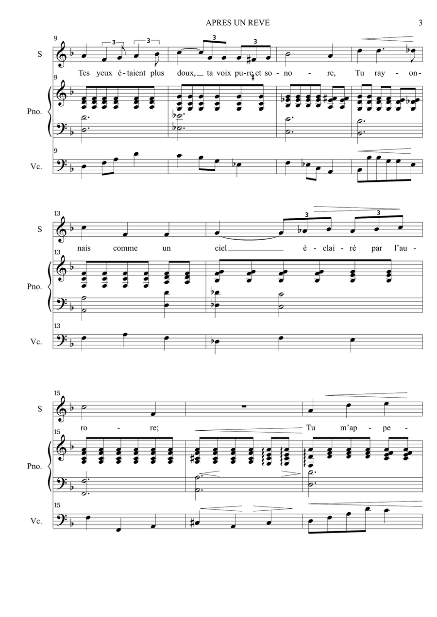 APRES UN REVE - Faure - Arr. for Soprano, Piano (and Cello ad libitum) Small Ensemble scores gallery preview page 3