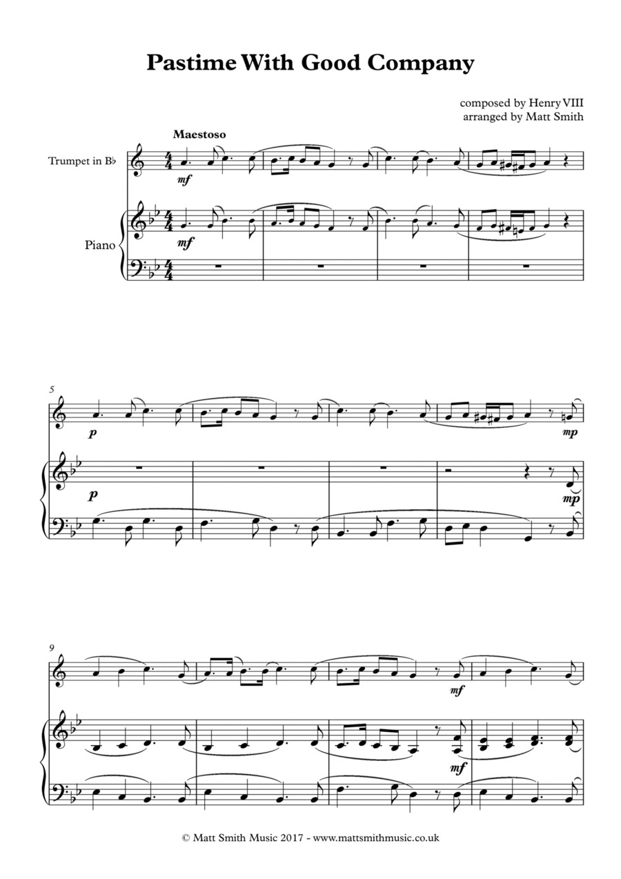 Pastime With Good Company by Henry VIII - TRUMPET WITH PIANO ACCOMPANIMENT Trumpet Solo scores gallery preview page 1