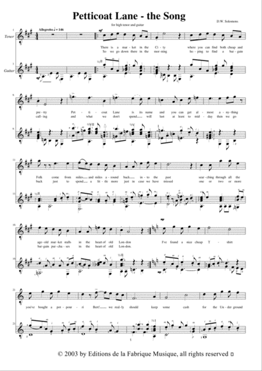 David Warin Solomons: Petticoat Lane for high voice and guitar Classical Guitar scores gallery preview page 1