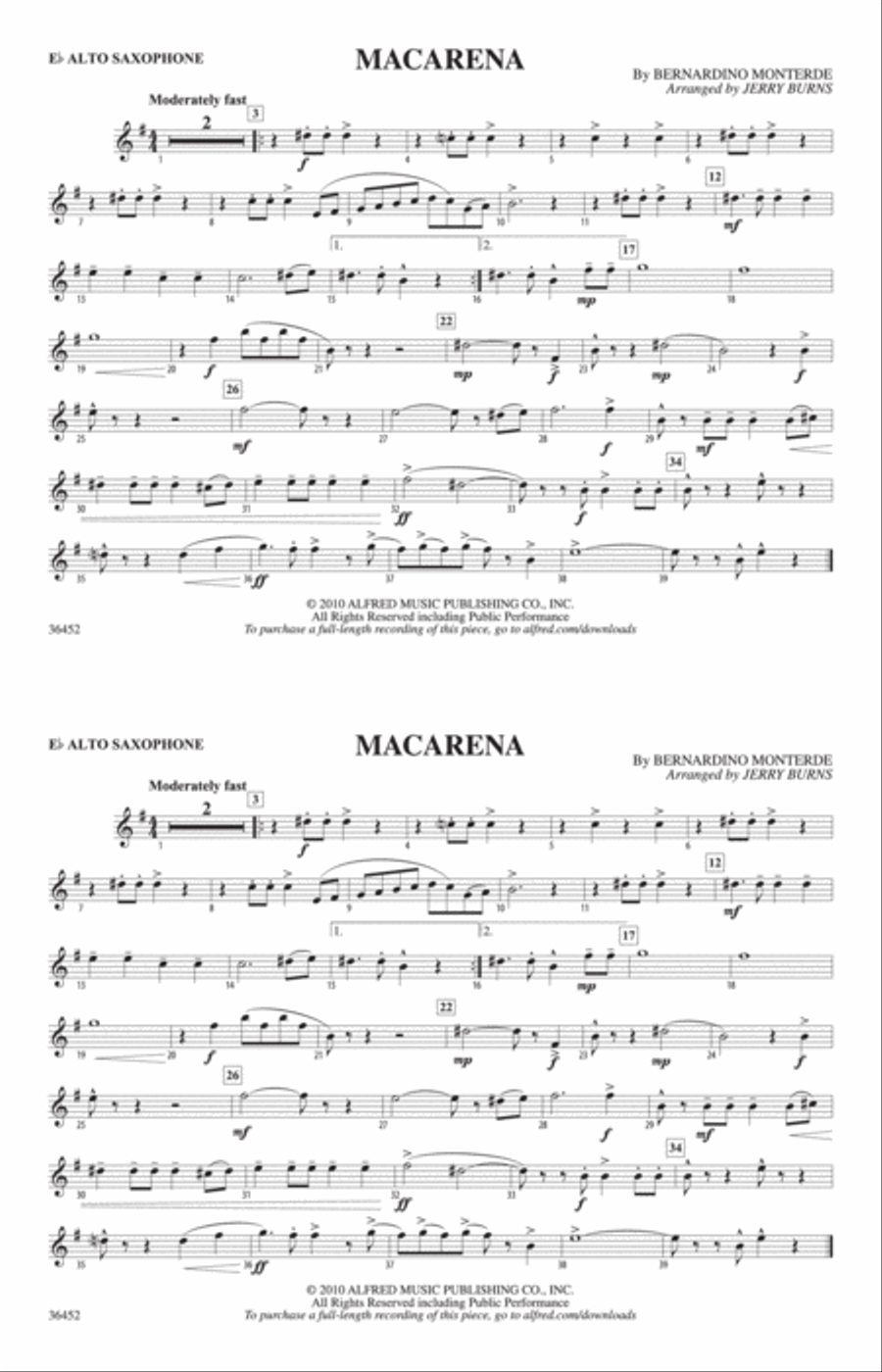Macarena: E-flat Alto Saxophone Marching Band scores gallery preview page 1