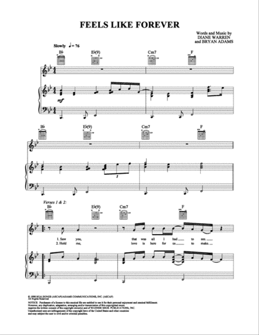 Feels Like Forever Piano, Vocal, Guitar scores gallery preview page 1