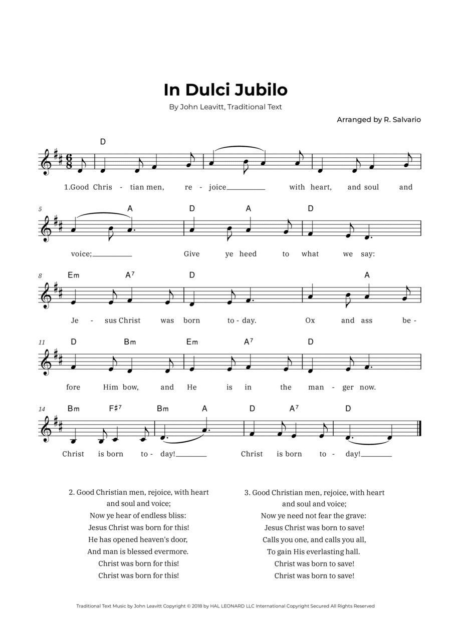 In Dulci Jubilo (Key of D Major) Easy Piano scores gallery preview page 1