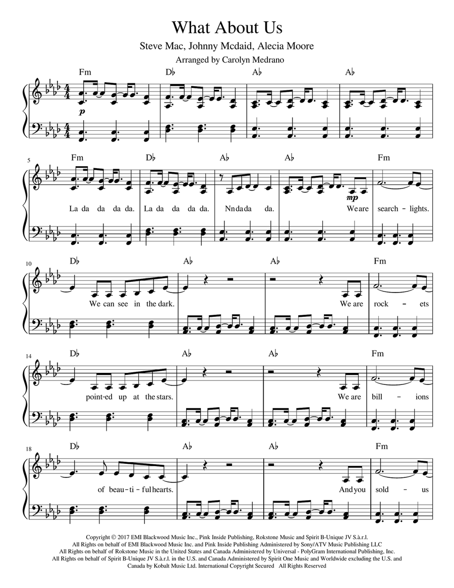 What About Us Piano, Vocal scores gallery preview page 1