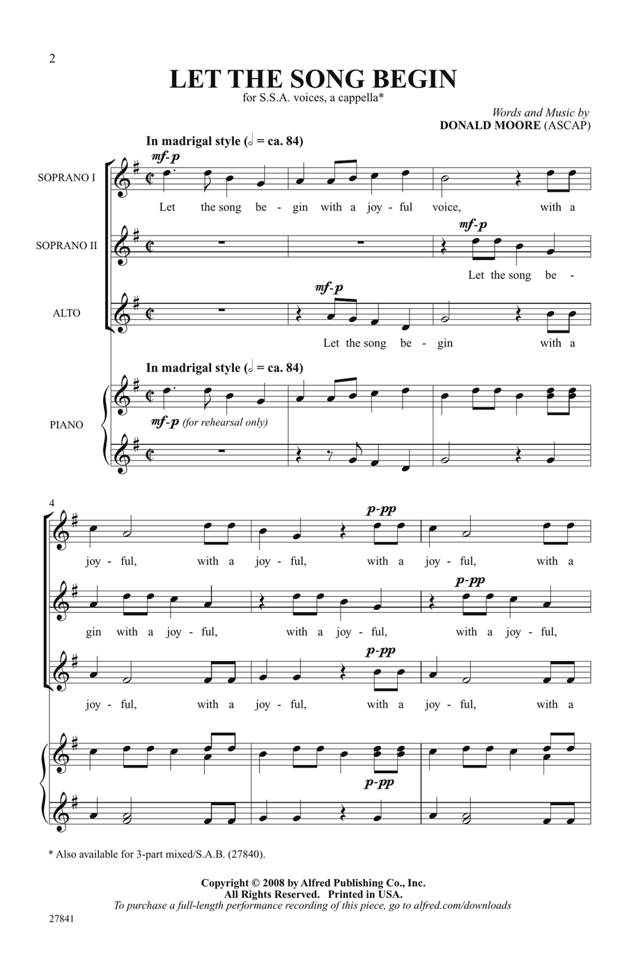 Let the Song Begin by Donald Moore SSA - Digital Sheet Music
