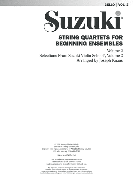String Quartets for Beginning Ensembles, Volume 2: Cello
