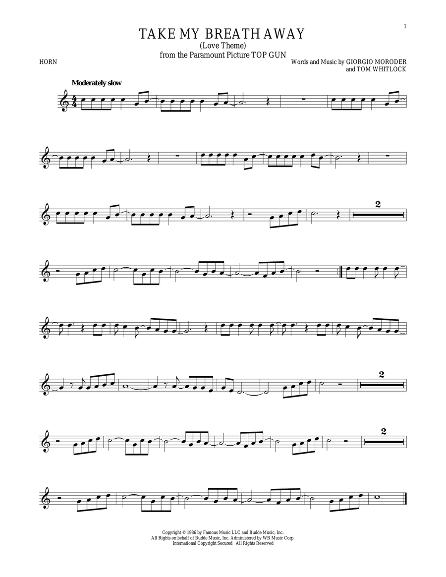 Take My Breath Away (Love Theme) Horn Solo scores gallery preview page 1