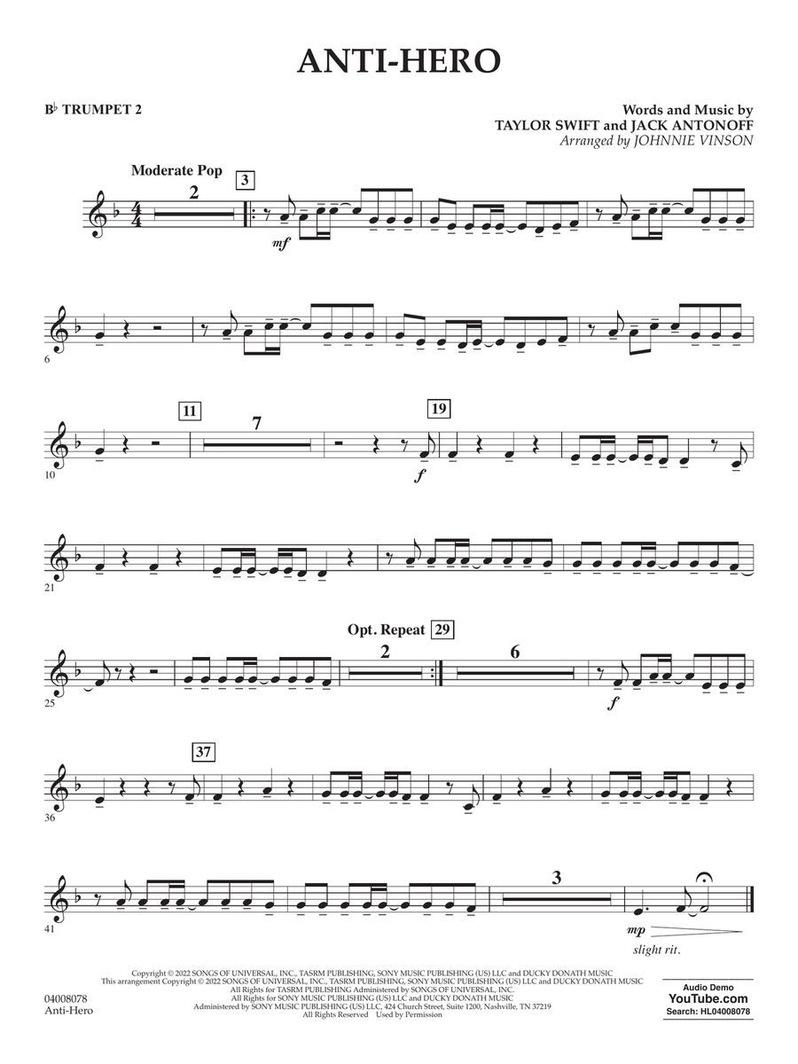 Anti-Hero (arr. Johnnie Vinson) - Bb Trumpet 2 Concert Band scores gallery preview page 1