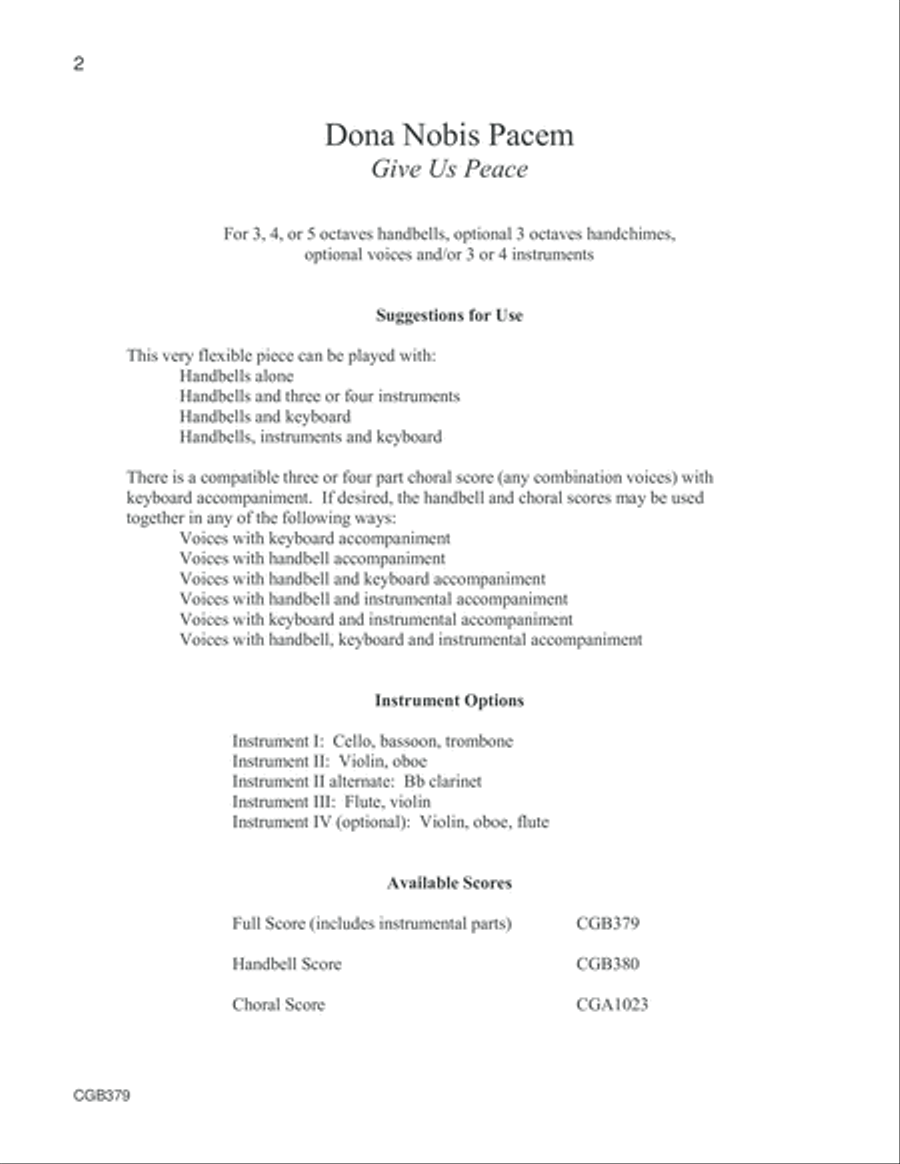 Dona Nobis Pacem (Full Score, includes instrumental parts) Handbell Choir scores gallery preview page 2