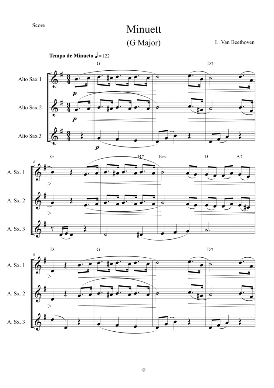 Minuett in G Major by L. Van Beethoven for Alto Saxophone Trio Woodwind Trio scores gallery preview page 1
