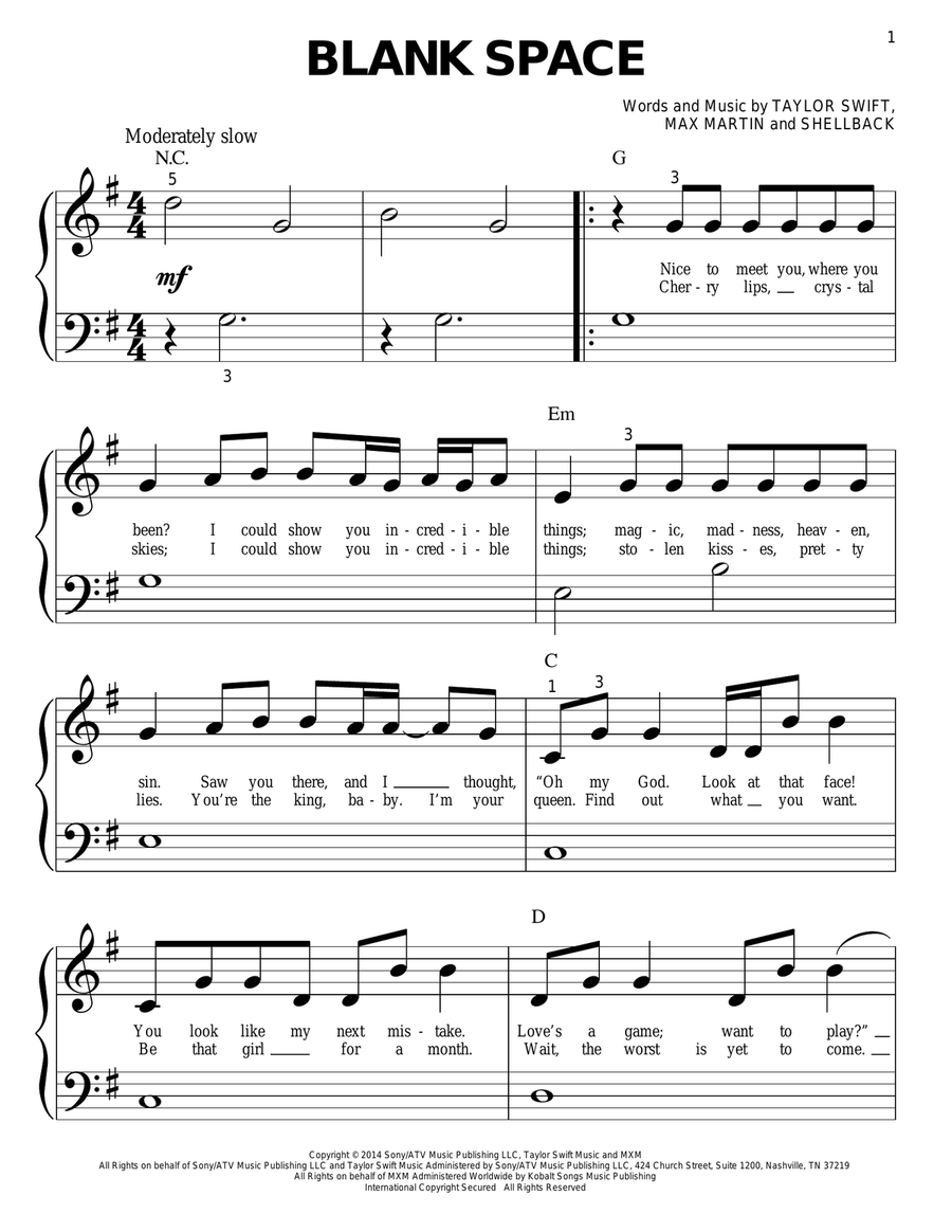 Blank Space Easy Piano scores gallery preview page 1