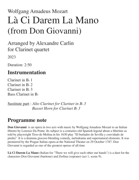 La Ci darem La Mano (from Don Giovanni) by Mozart - Arranged for Clarinet Quartet or Ensemble image number null