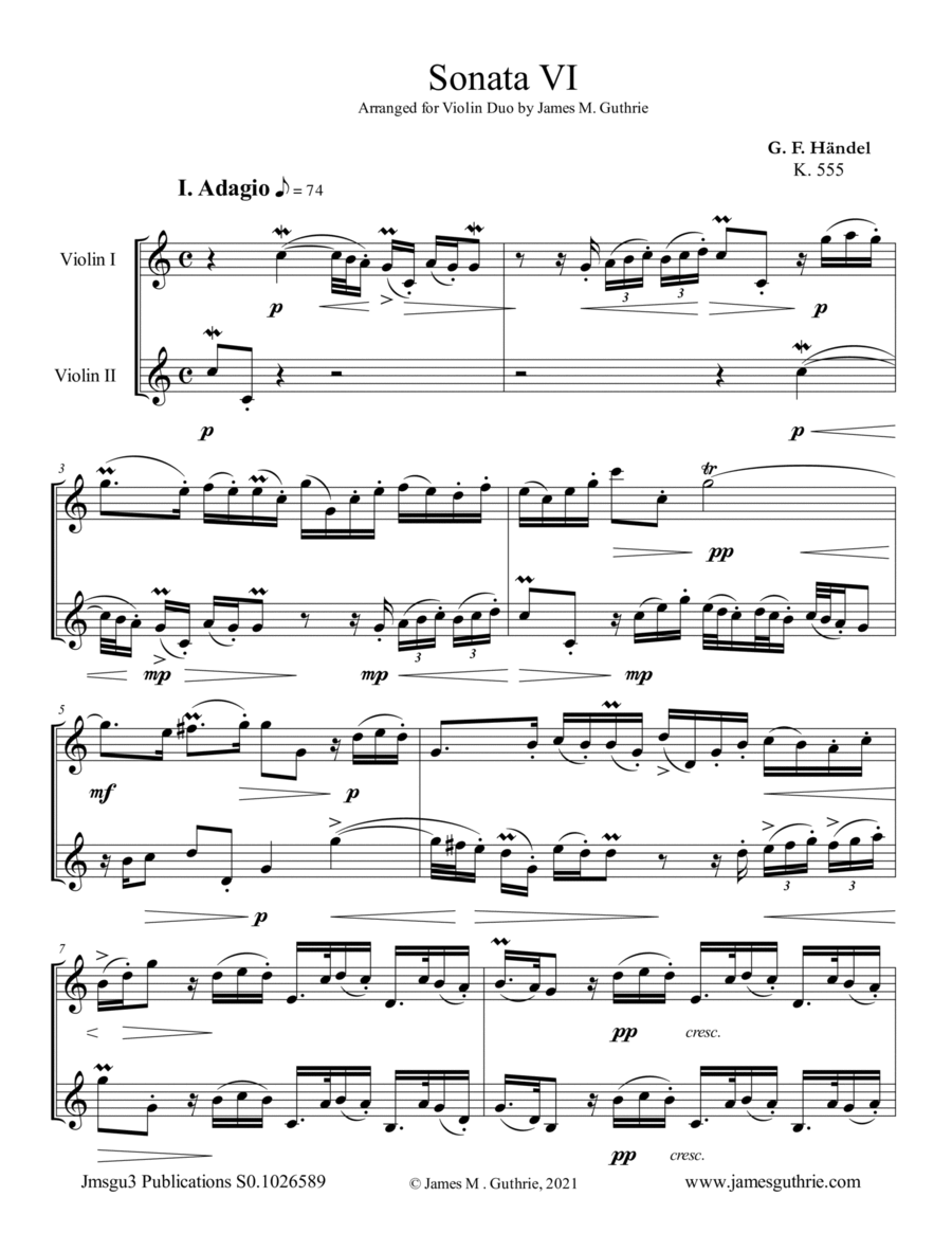 Handel: Sonata No. 6 for Violin Duo String Duet scores gallery preview page 1