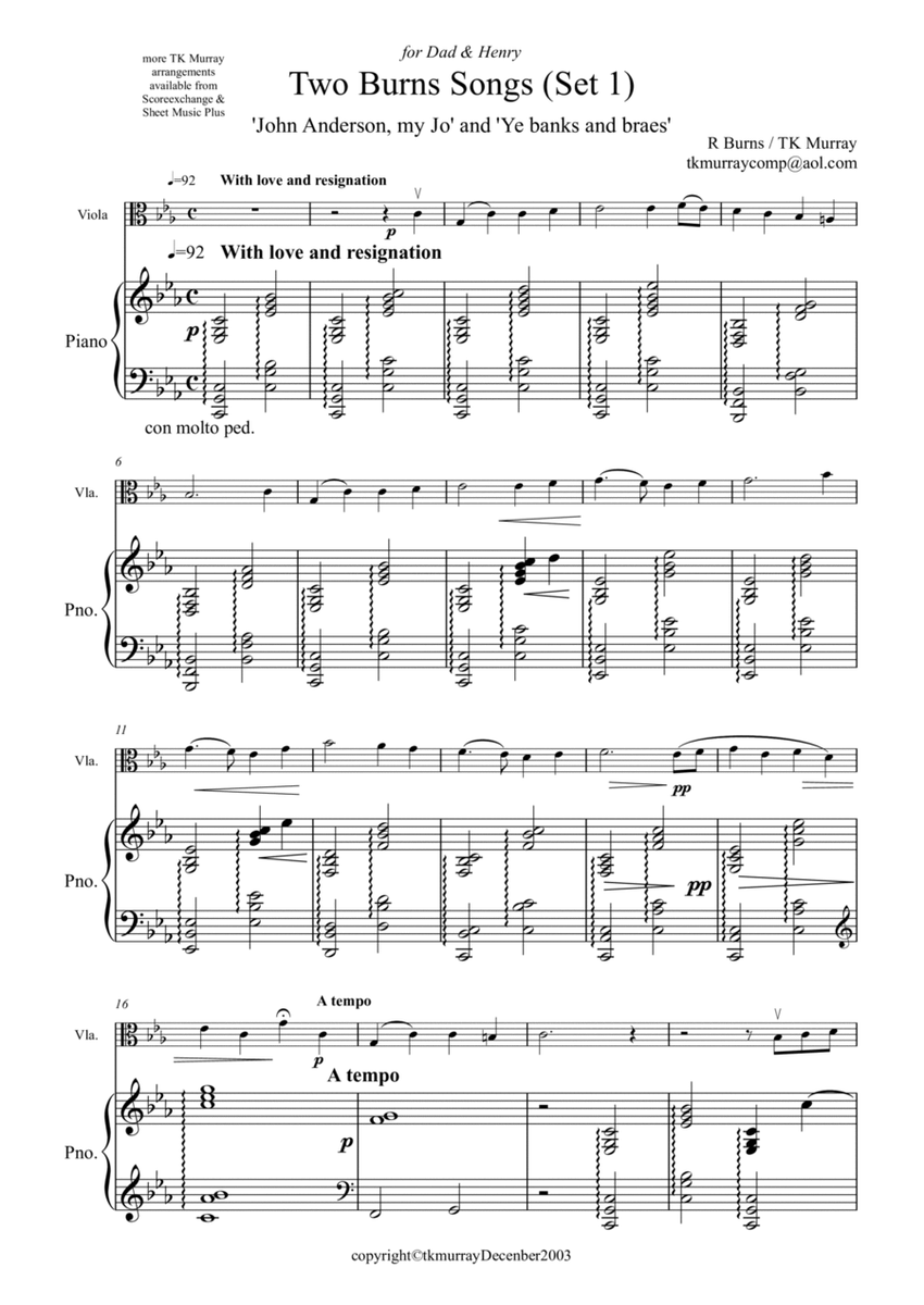 Burns Songs - Set 1 - Viola & Piano - TK Murray image number null