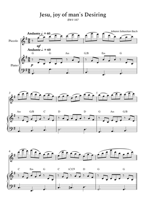 Jesu, Joy of Man's Desiring for Piccolo and Piano (Arpeggios With Chords) - Score and Parts
