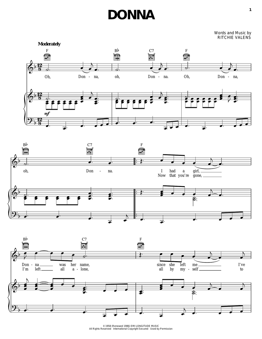 Donna Piano, Vocal, Guitar scores gallery preview page 1
