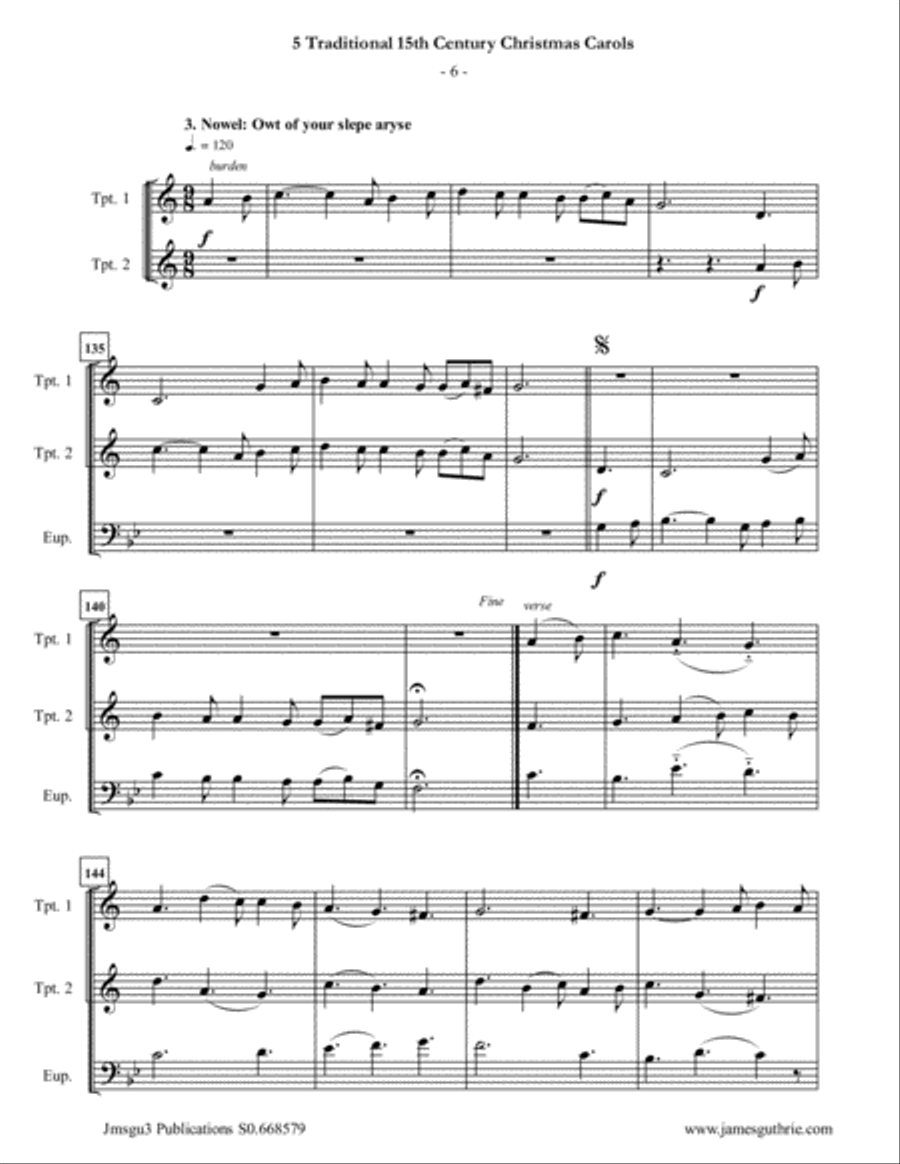 5 Traditional 15th Century Christmas Carols for Trumpet Duo & Euphonium Brass Duet scores gallery preview page 6