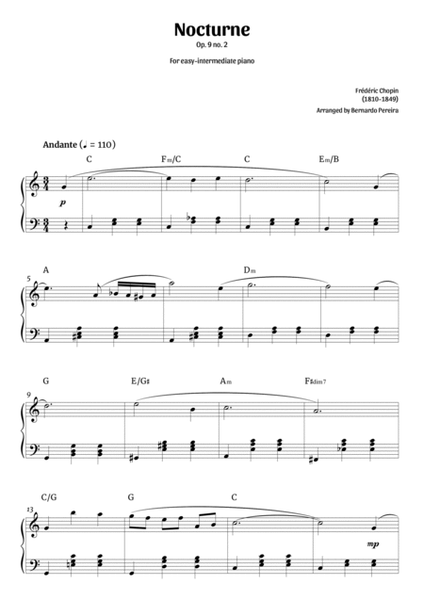 Nocturne Op. 9 no. 2 (easy-intermediate piano in C major – clean with chords) image number null