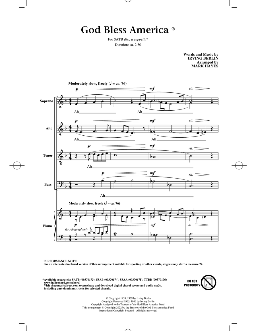 God Bless America (arr. Mark Hayes) 4-Part scores gallery preview page 1