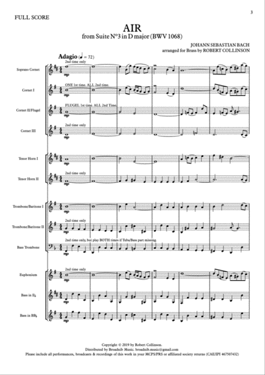 AIR FROM SUITE IN D (BWV 1068) (Bach) - Score only Brass Ensemble scores gallery preview page 3