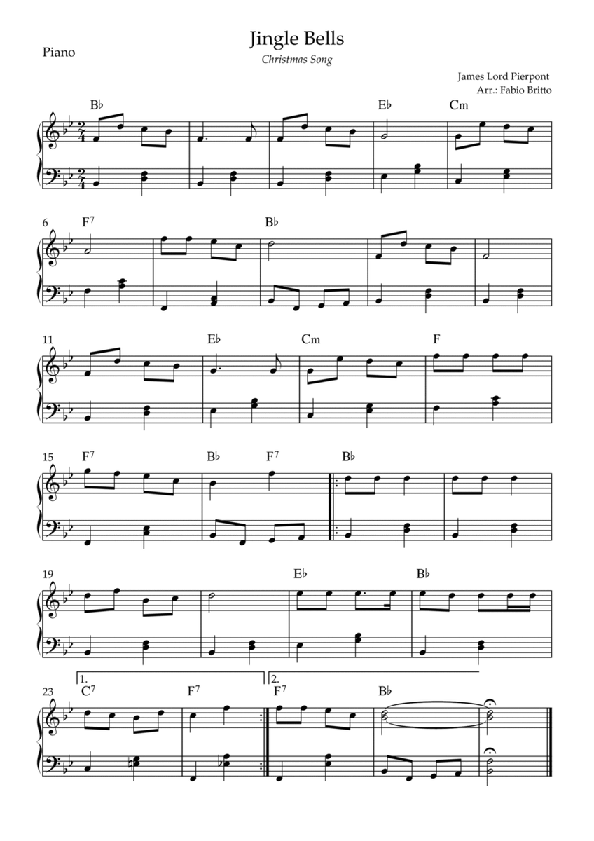 Jingle Bells (Christmas Song) for Easy Piano Solo with Chords (Bb Major) image number null