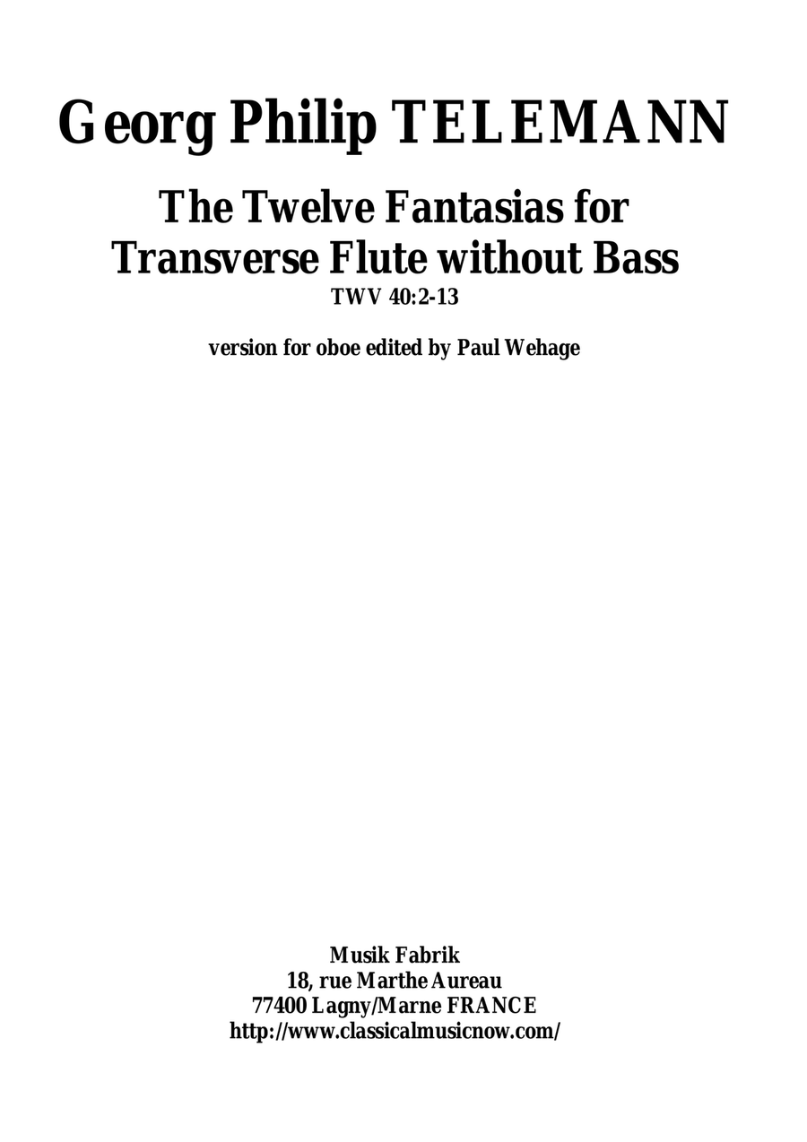 Georg Philipp Telemann: 12 Fantasias for Flute without Bass, TWV 40:2-13, adapted for oboe by Paul W Flute scores gallery preview page 1