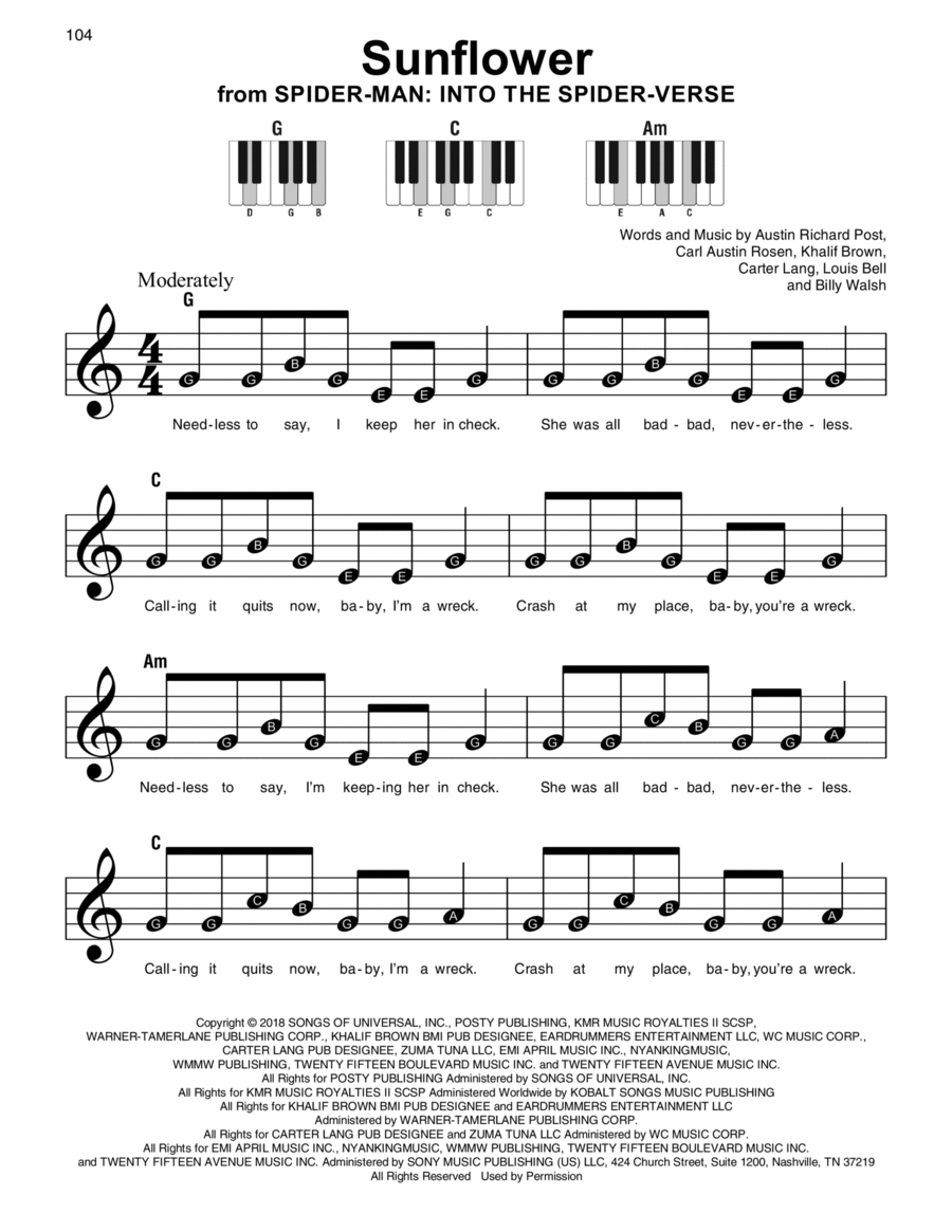 Sunflower (from Spider-Man: Into The Spider-Verse) Easy Piano scores gallery preview page 1