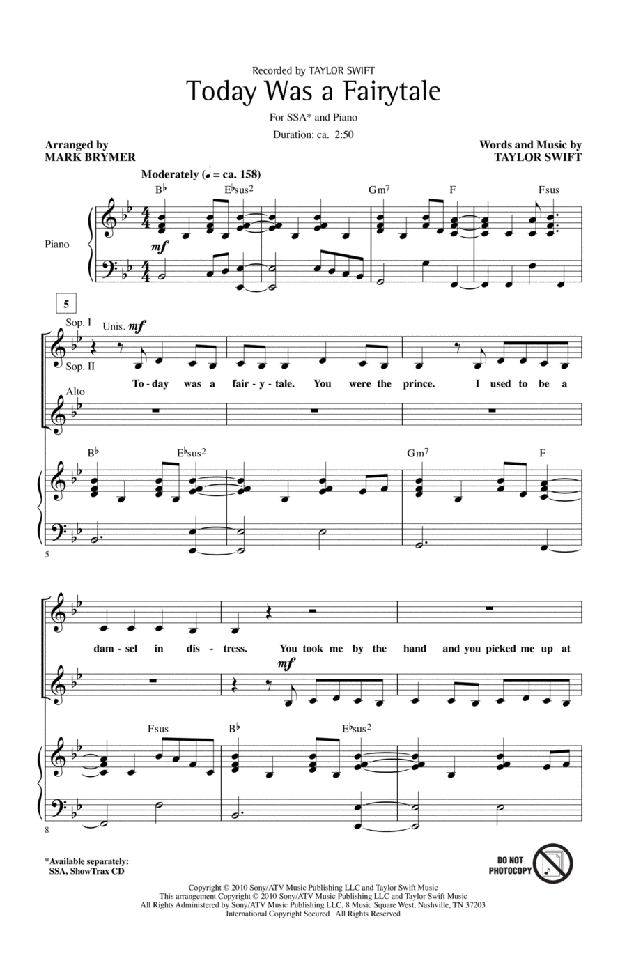 Today Was A Fairytale SSA scores gallery preview page 1