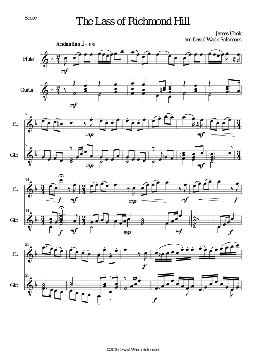 Lass of Richmond Hill for (advanced) flute and guitar Flute scores gallery preview page 1