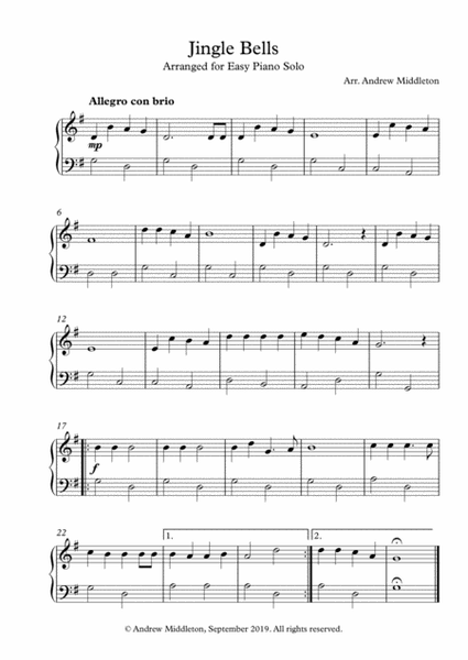 Jingle Bells arranged for Easy Piano Solo image number null