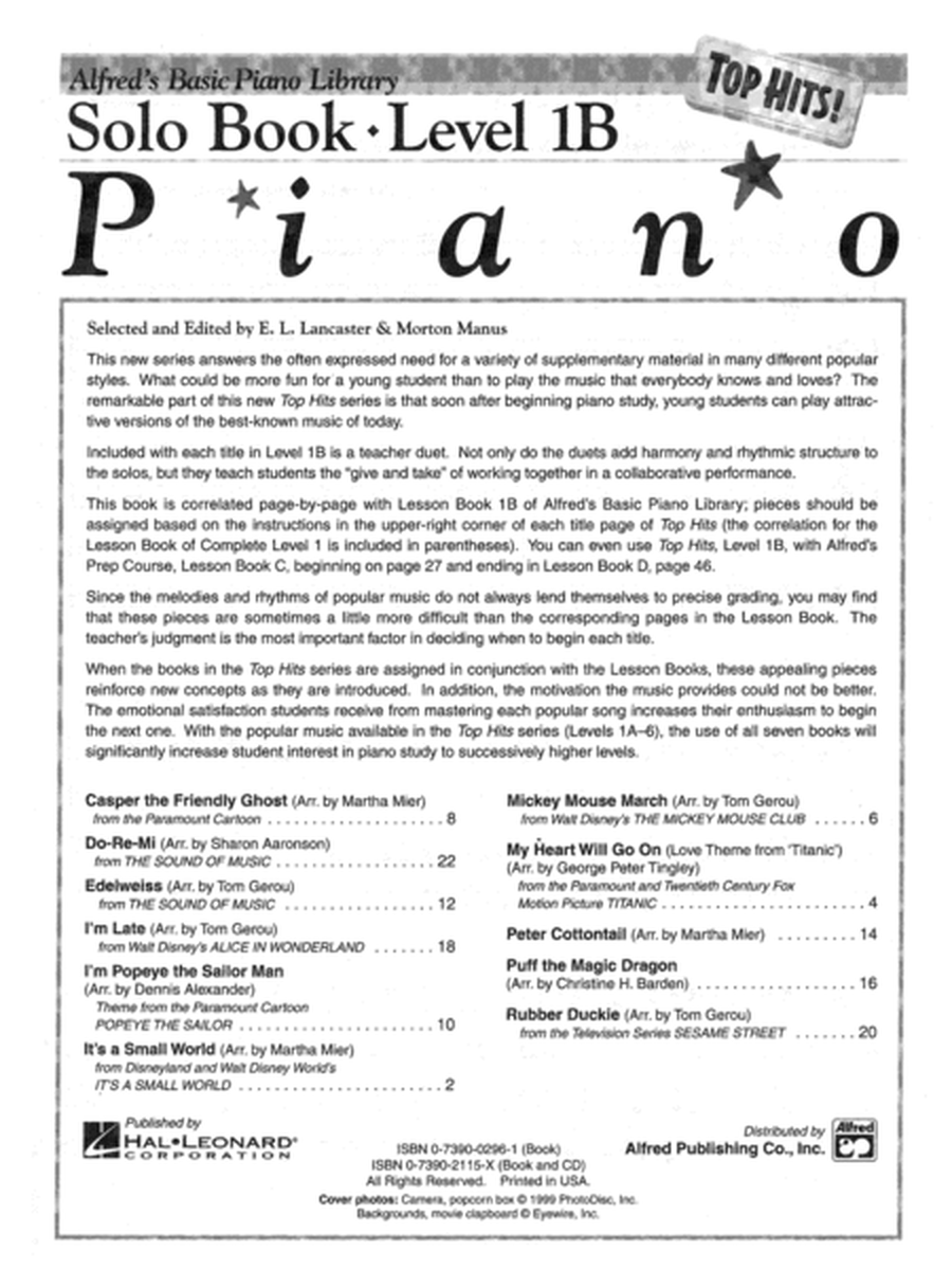 Alfred's Basic Piano Library Top Hits! Solo Book & CD, Book 1B image number null
