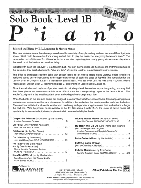 Alfred's Basic Piano Library Top Hits! Solo Book & CD, Book 1B image number null