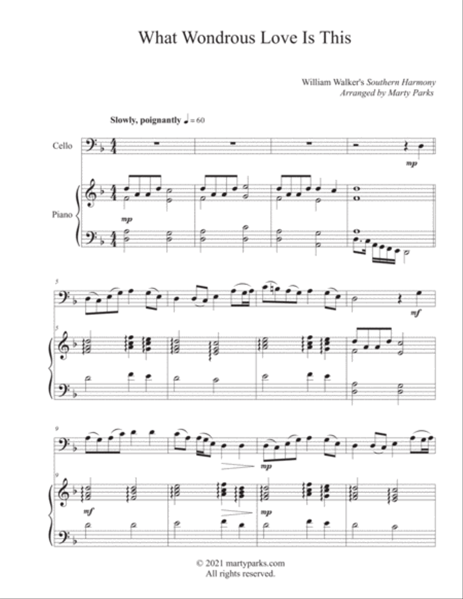 What Wondrous Love Is This (Cello-Piano) Piano scores gallery preview page 1