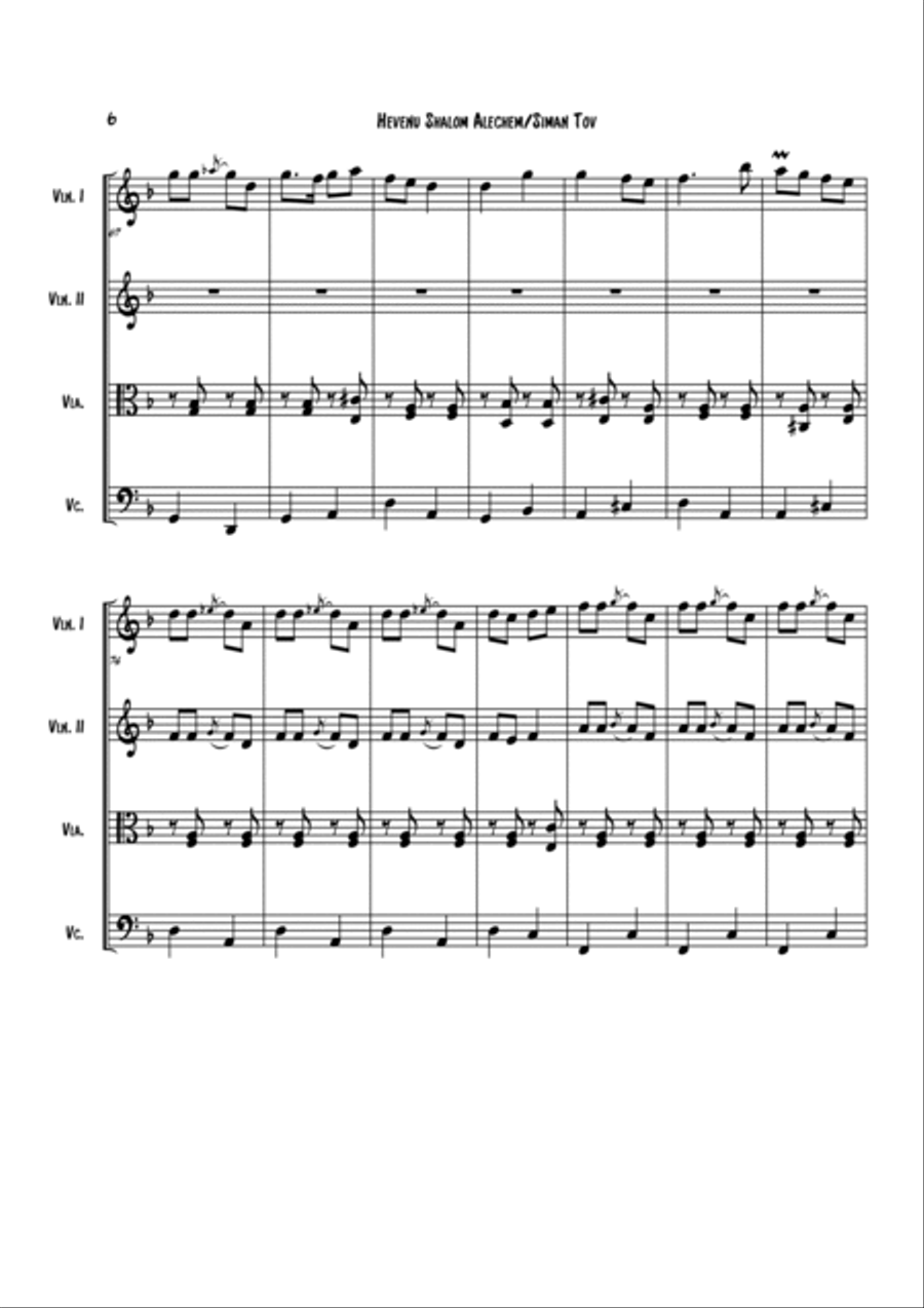 Hevenu Shalom Aleichem/Siman Tov String Quartet scores gallery preview page 6