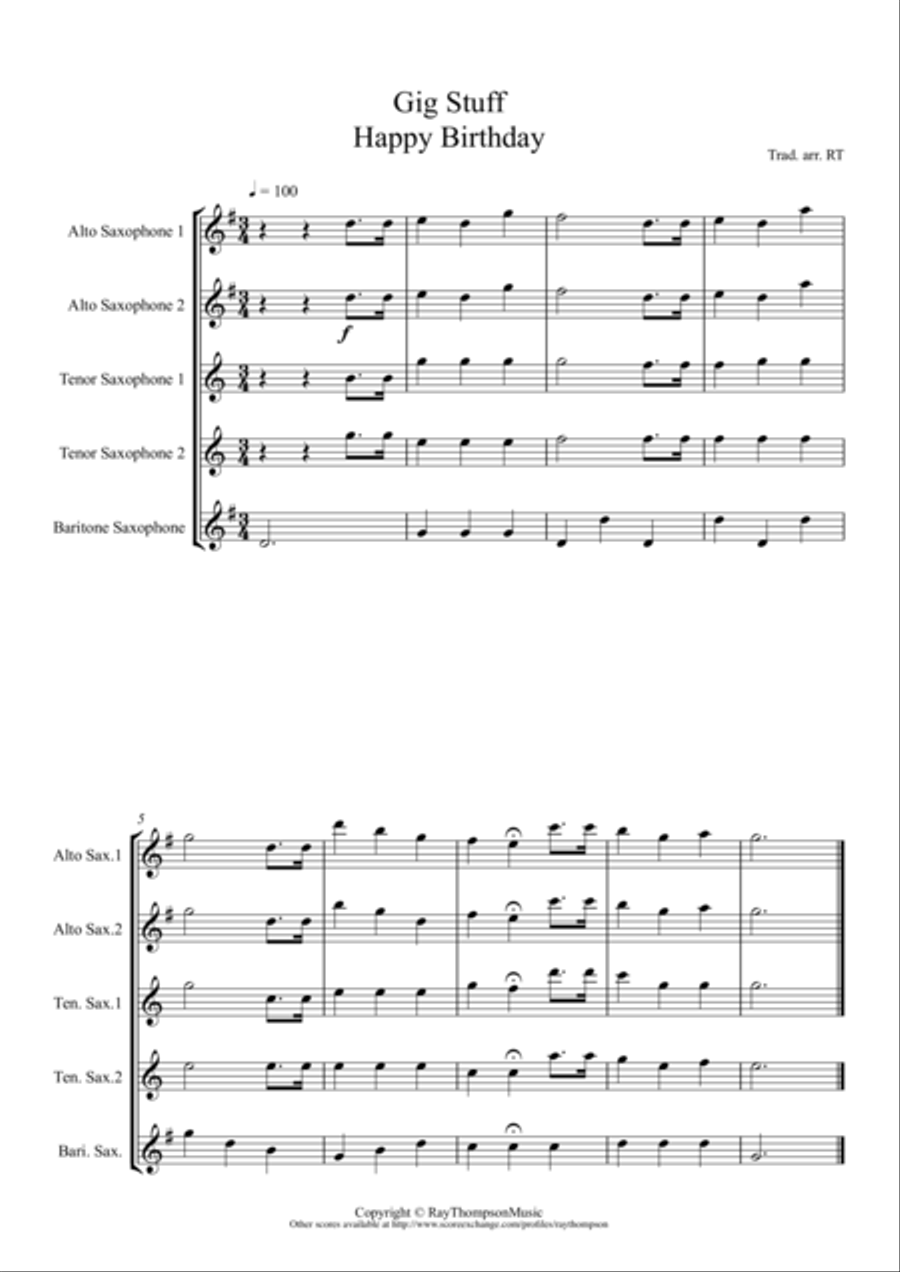 A Collection of Useful Gig Tunes:(Happy Birthday, God Save the Queen etc) - saxophone quintet Saxophone Quintet scores gallery preview page 1