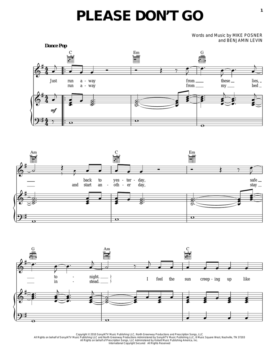 Please Don't Go Piano, Vocal, Guitar scores gallery preview page 1